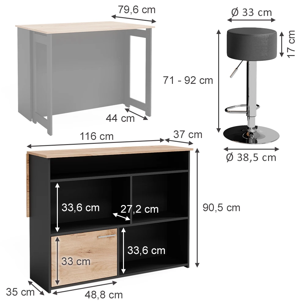 Vicco Bartafelset "Dominic", Krachtige eik goud/Antraciet, 116 x 37 cm met 2 barkrukken
