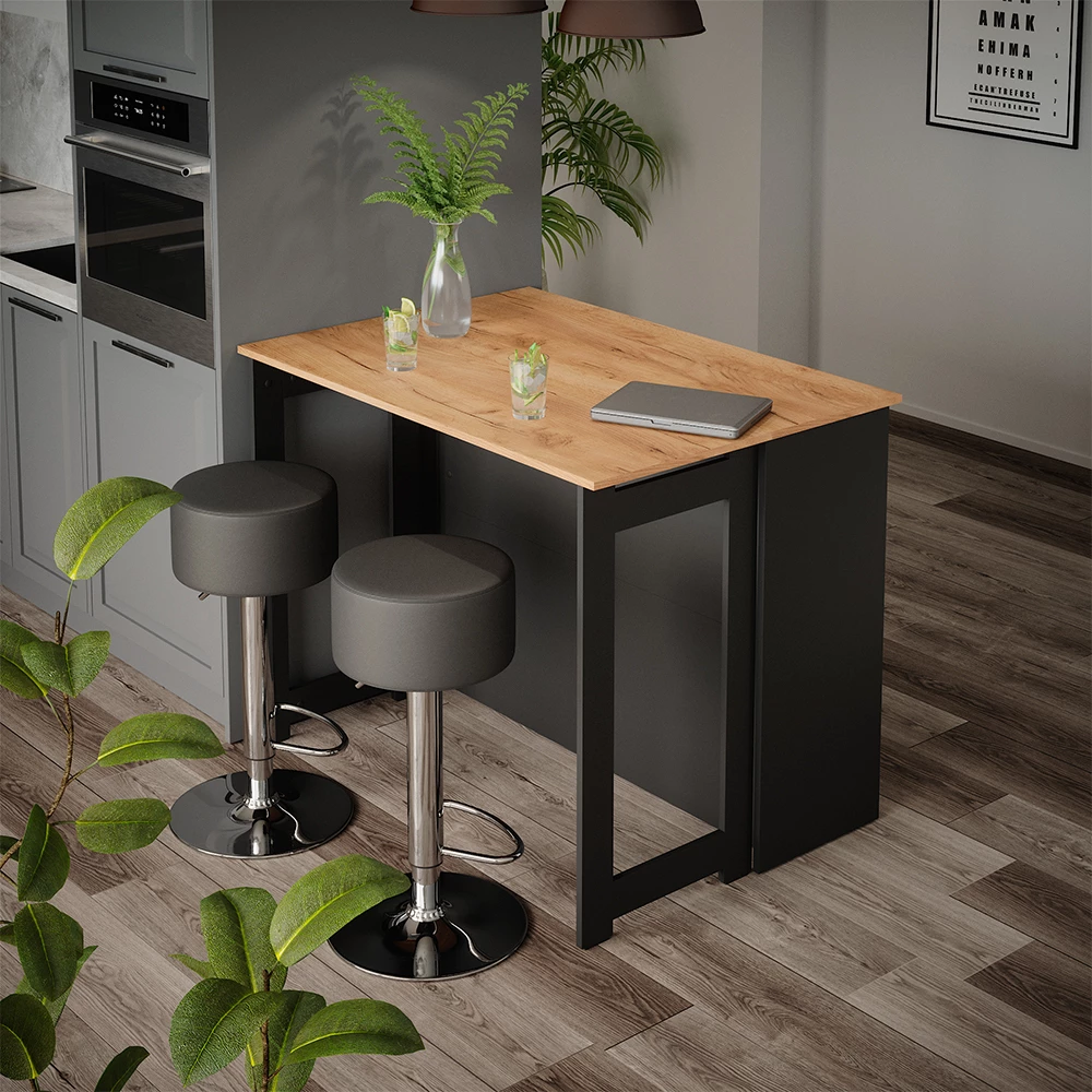 Vicco Bartafelset "Dominic", Krachtige eik goud/Antraciet, 116 x 37 cm met 2 barkrukken