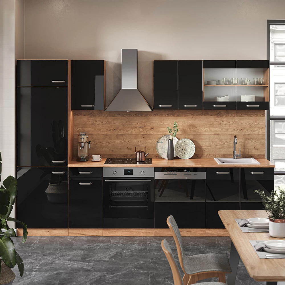 Cucina componibile in Rovere nero/oro lucido su sfondo bianco