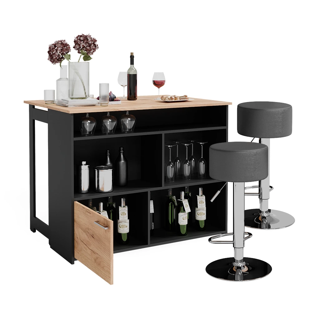 Vicco Bartafelset "Dominic", Krachtige eik goud/Antraciet, 116 x 37 cm met 2 barkrukken