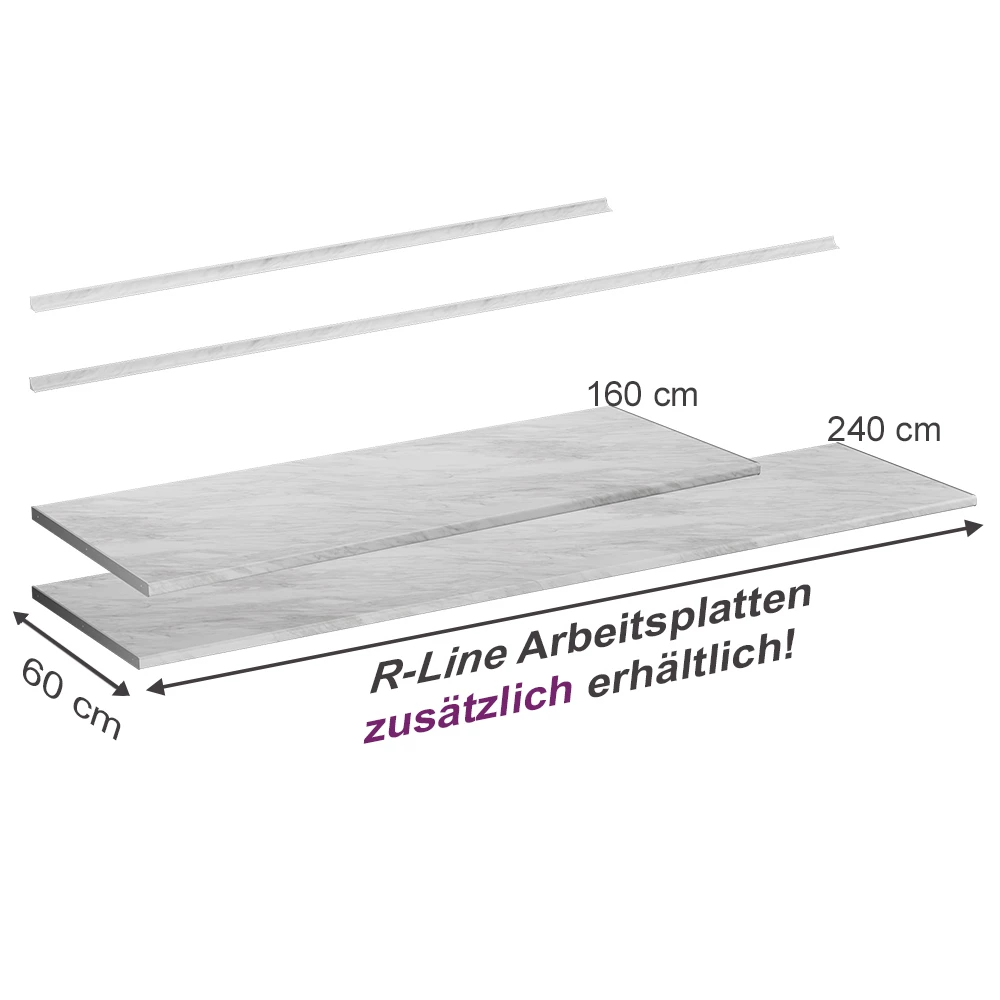 Küchenarbeitsplatte in Weiß/Marmor auf weißem Hintergrund mit sichtbaren Maßen