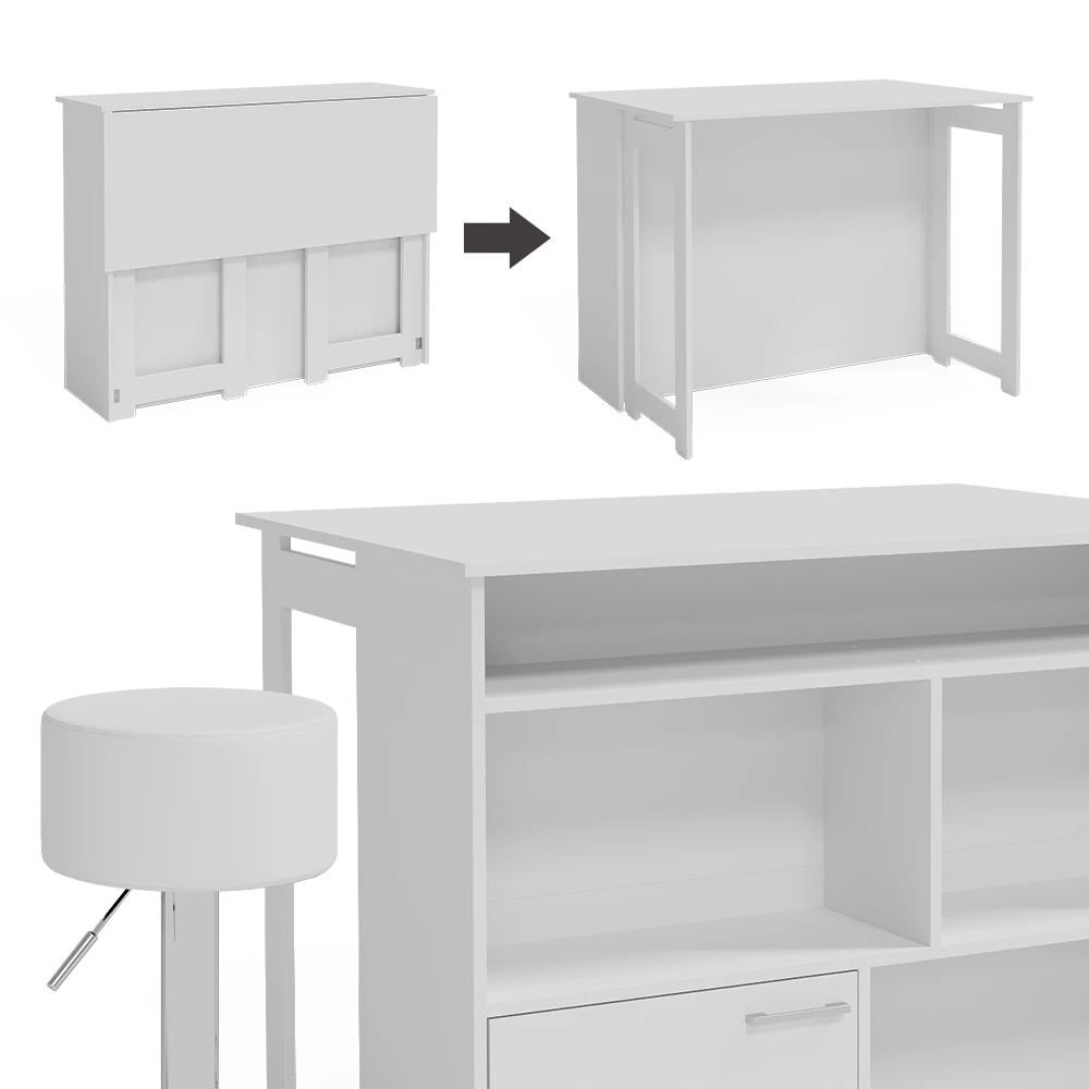 Vicco Table de bar , Blanc, 57x117cm avec 3 compartiments