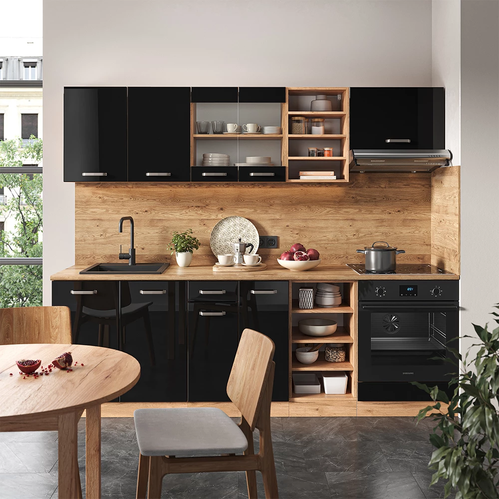 Vicco cucina componibile "R-line", Nero lucido/Quercia dorata, 240 cm senza piano di lavoro
