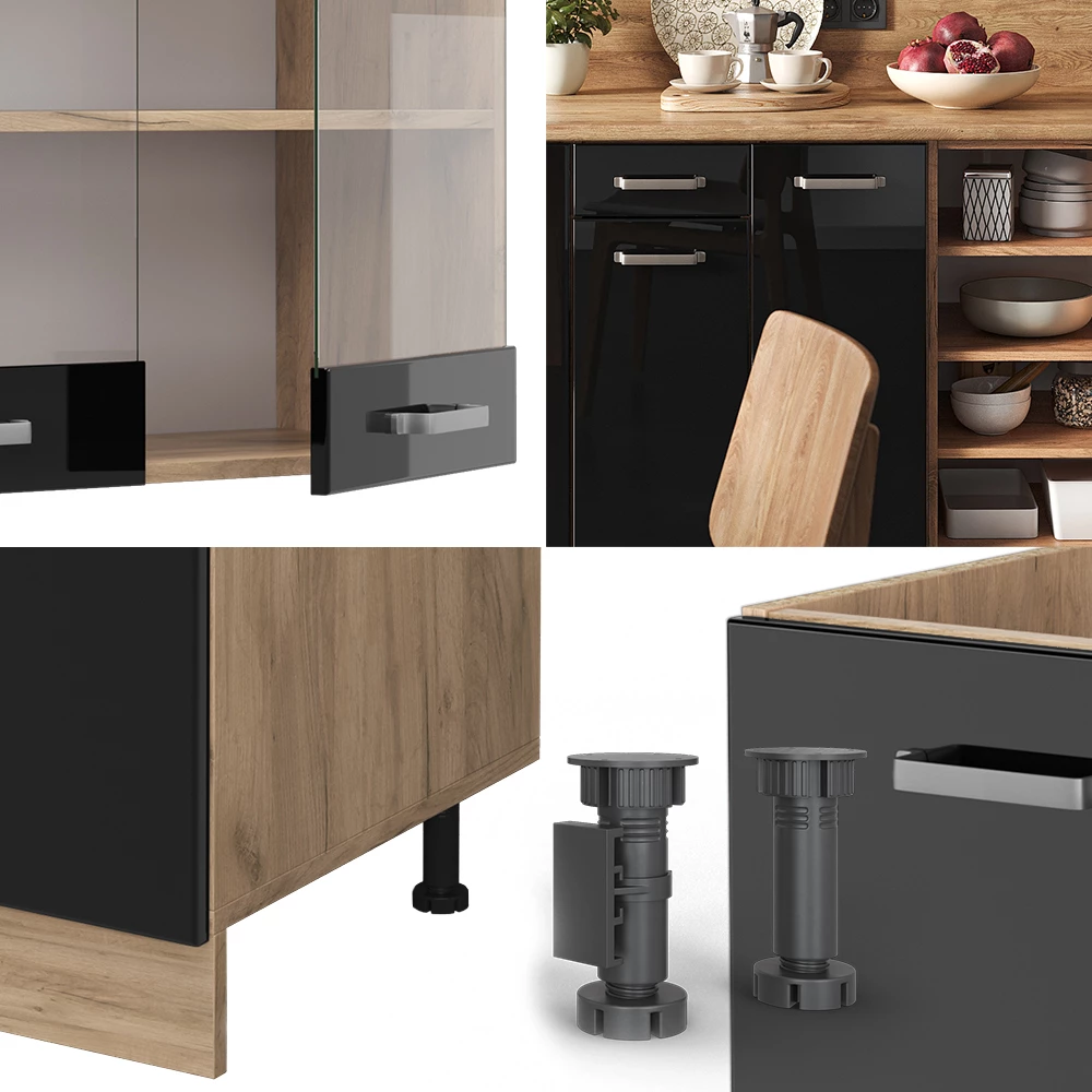 Nahaufnahme von Küchenzeile in Schwarz Hochglanz/Goldkraft Eiche, zeigt Design- und Oberflächendetails
