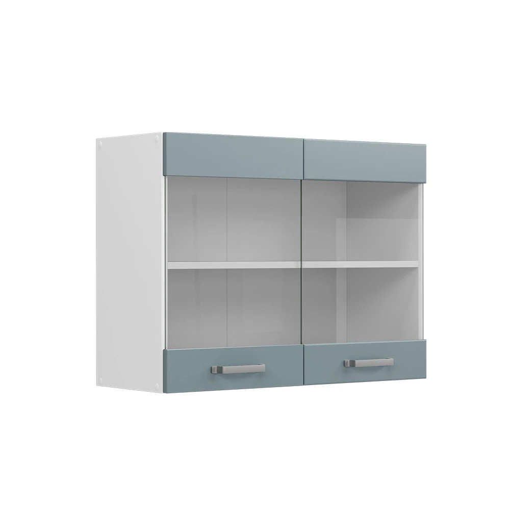 Meuble D'Angle De Cuisine R-Line - Dimensions 75,6 X 75,6 X 81,6 Cm - Bleu-Gris/Blanc - Plan De Travail Marbre