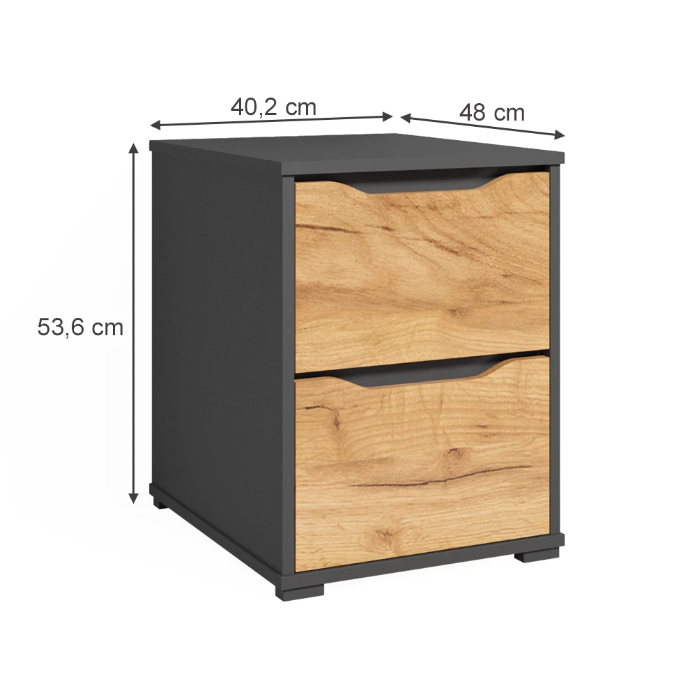 Kommode in Goldkraft Eiche auf weißem Hintergrund mit sichtbaren Maßen