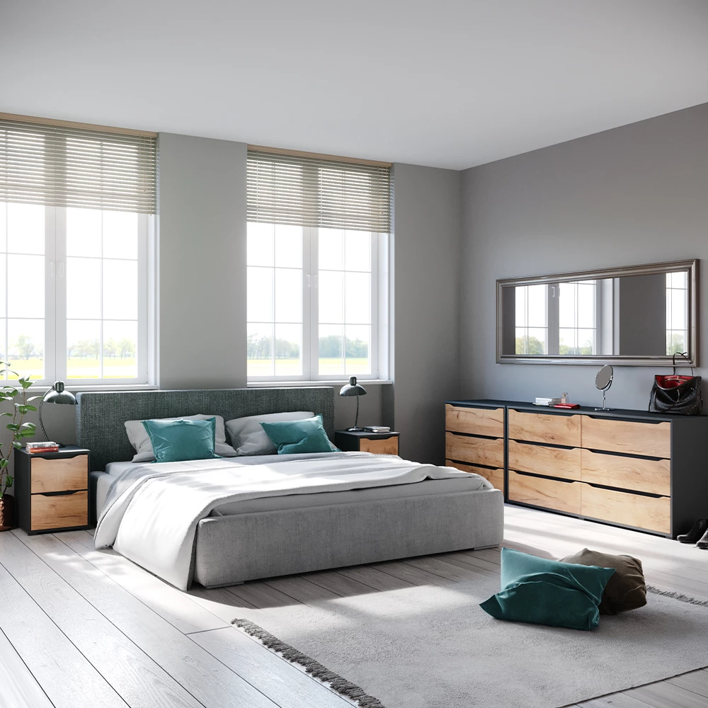 Kommode in Goldkraft Eiche, dargestellt im Ambiente mit Dekoration