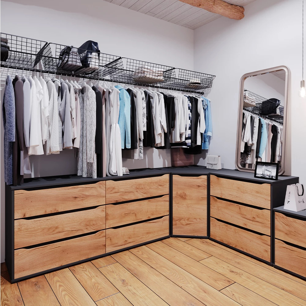 Gros plan de Commode en Chêne de force doré, montrant la texture/les détails