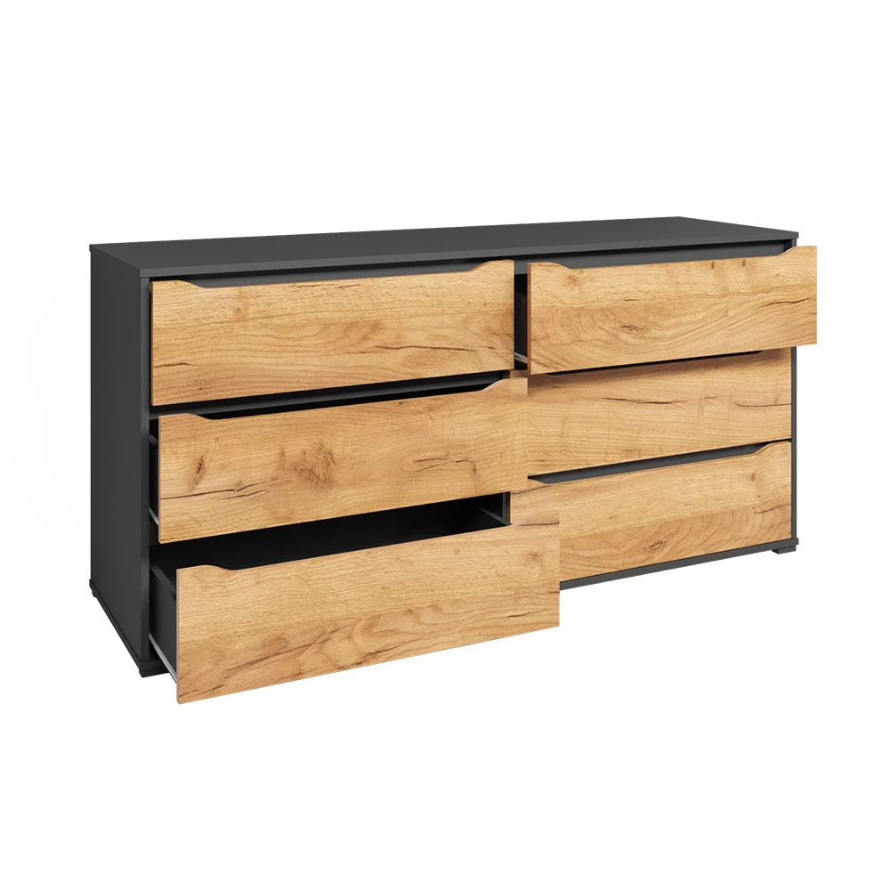 Gros plan de Commode en Chêne de force doré, montrant le design et les détails de surface