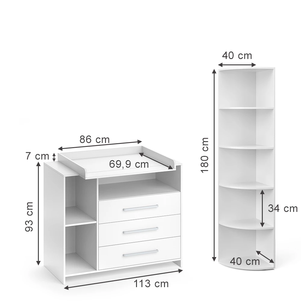 Kinderzimmer-Set in Weiß auf weißem Hintergrund mit sichtbaren Maßen