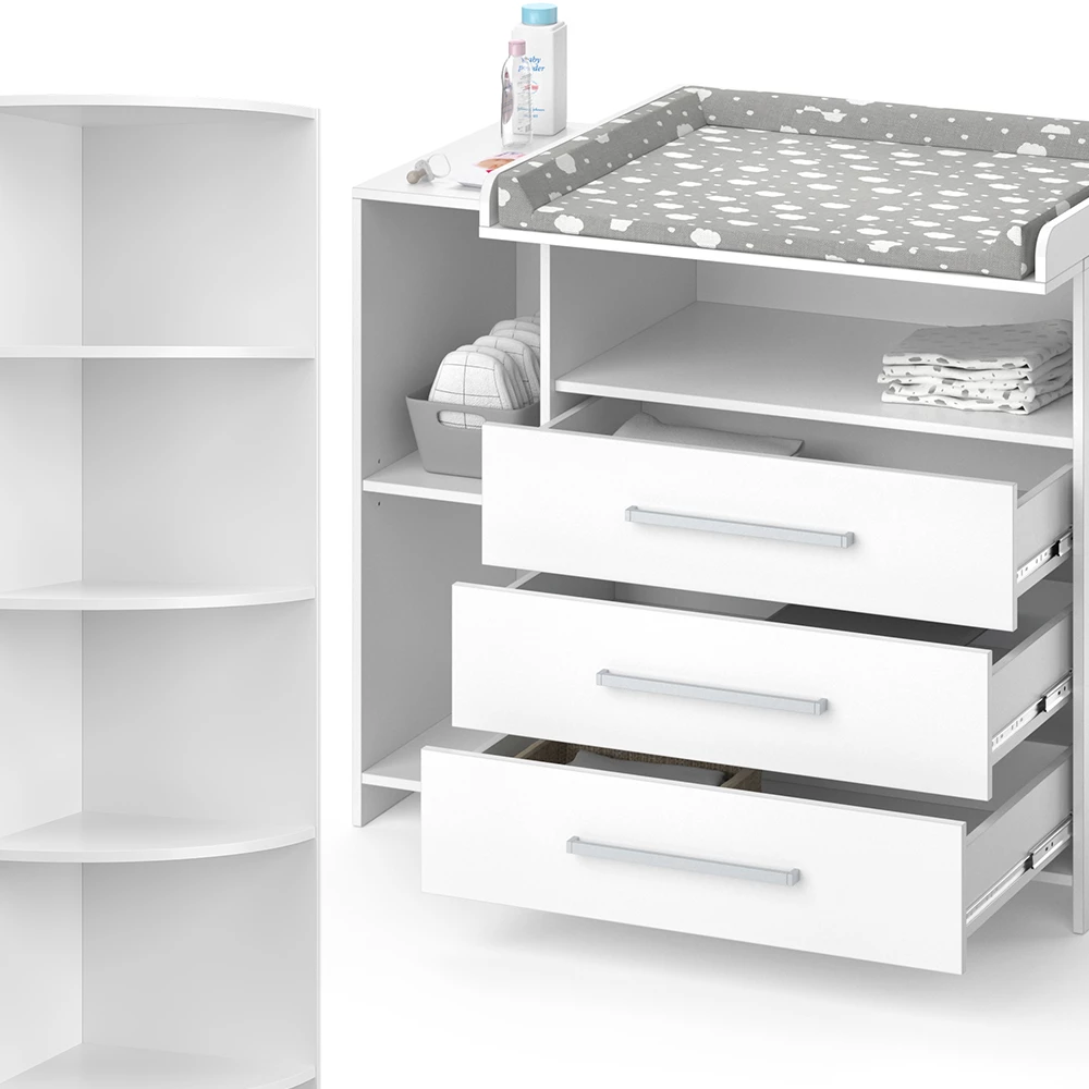 Nahaufnahme von Kinderzimmer-Set in Weiß, zeigt Design- und Oberflächendetails