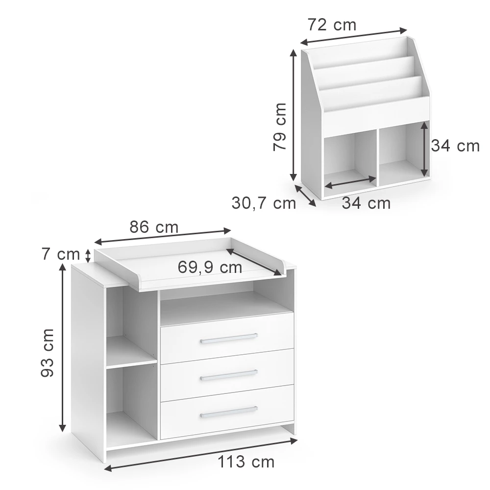 Kinderzimmer-Set in Weiß auf weißem Hintergrund mit sichtbaren Maßen