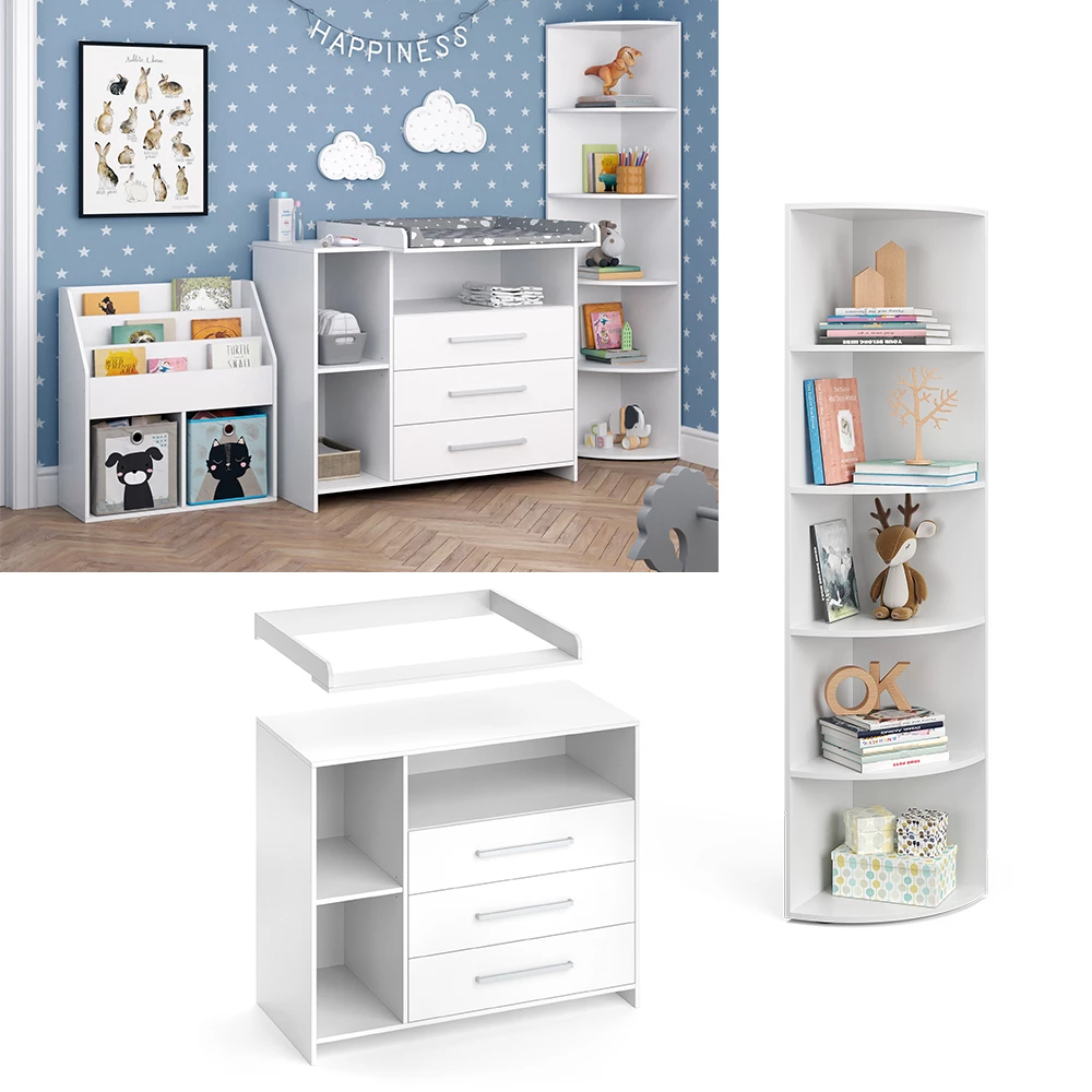Kinderzimmer-Set Oskar Weiß 2 Teile, mit Wickelkommode und Spielzeugregal livinity®