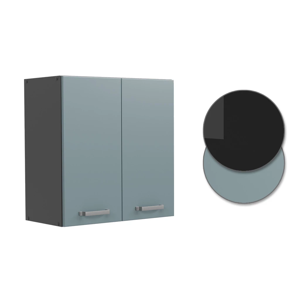 Nahaufnahme von Hängeschrank in Blau-Grau, zeigt Design- und Oberflächendetails