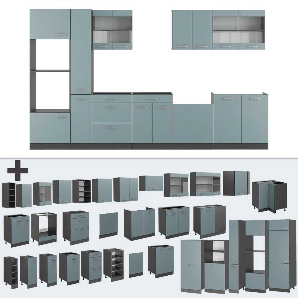 Gros plan de Cuisine en Bleu-gris/anthracite, montrant le design et les détails de surface