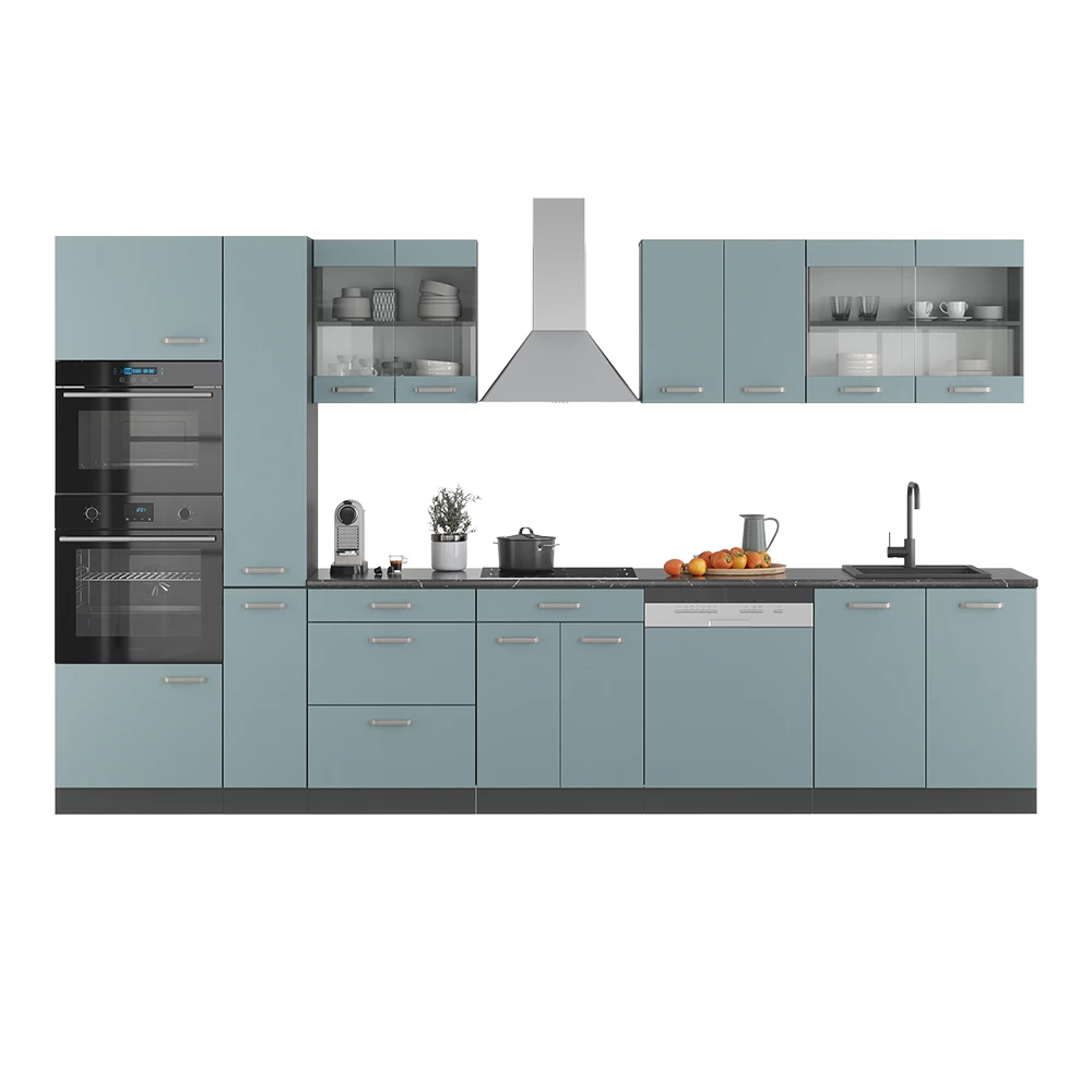 Cuisine en Bleu-gris/anthracite sur fond blanc avec des éléments décoratifs