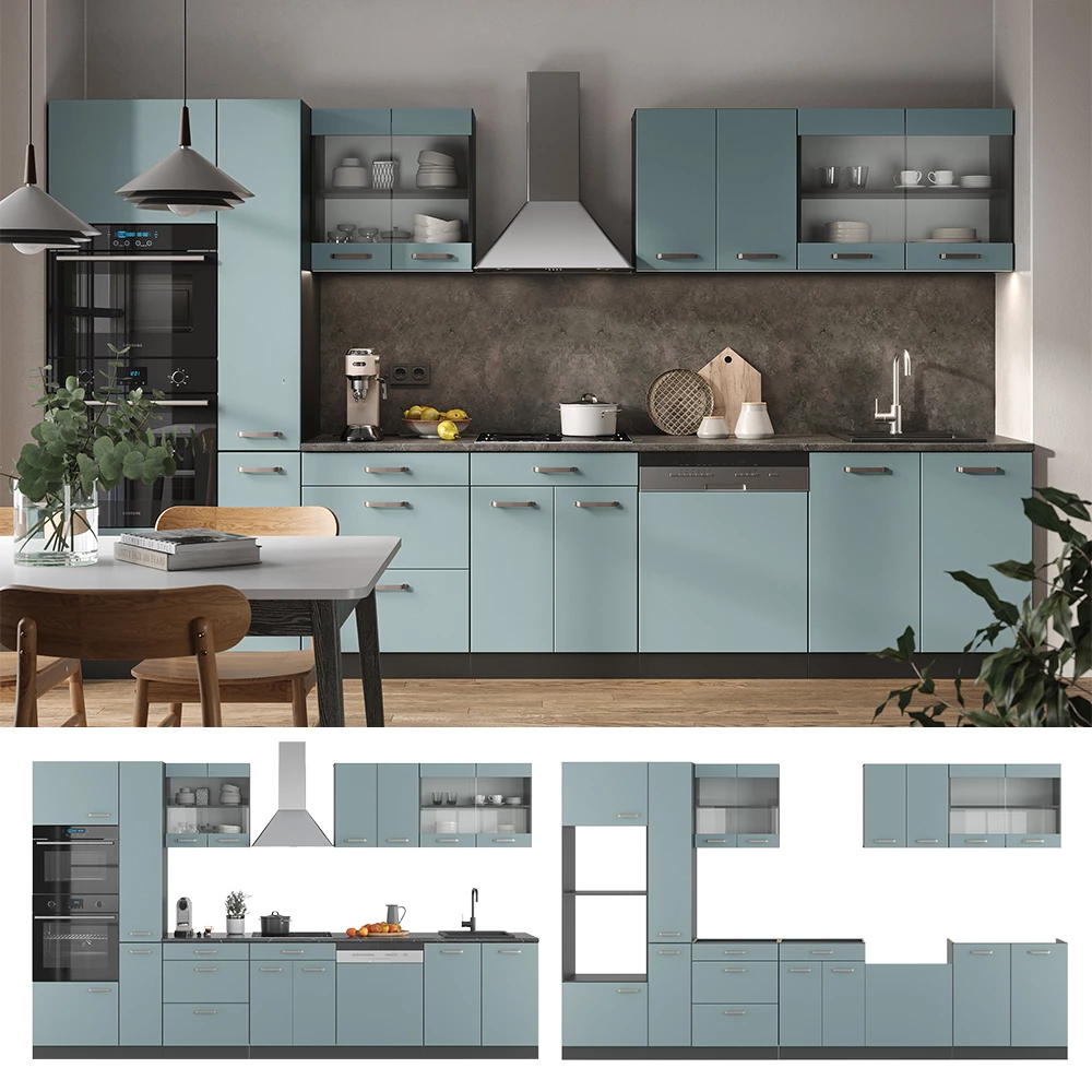 Cuisine en Bleu-gris/anthracite, présenté dans un décor ambiant et sur fond blanc