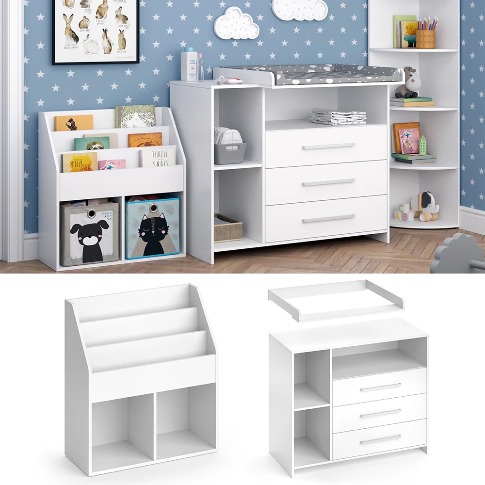 Kinderzimmer-Set Oskar Weiß 2 Teile, mit Wickelkommode und Bücherregal livinity®