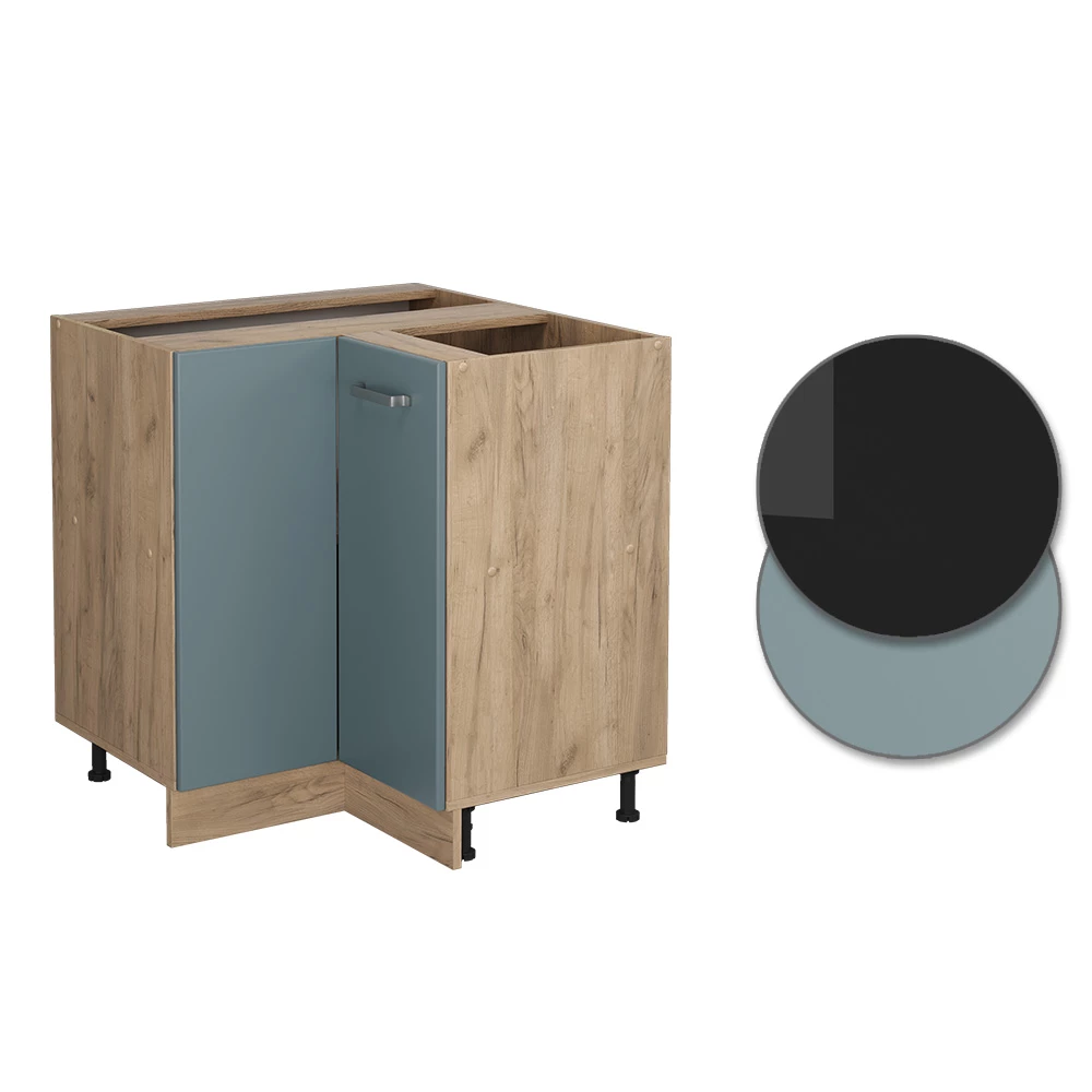 Close-up van Hoekkast in Blauw-grijs, met ontwerp- en oppervlakte-details