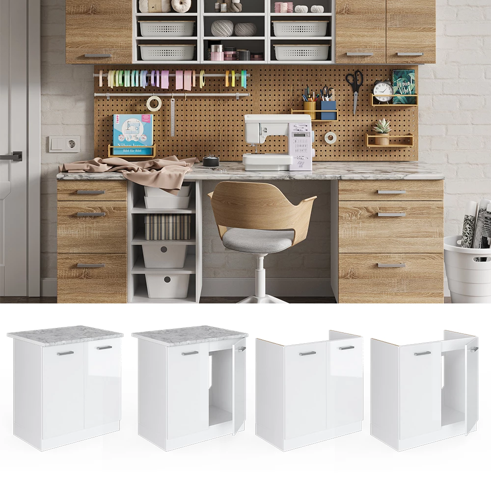 Vicco Mueble bajo para el fregadero Blanco alto brillo 80 cm con puertas, con encimera, R-Line