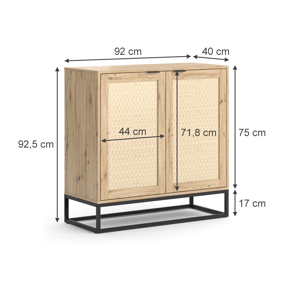 Kommode in Braun auf weißem Hintergrund mit sichtbaren Maßen