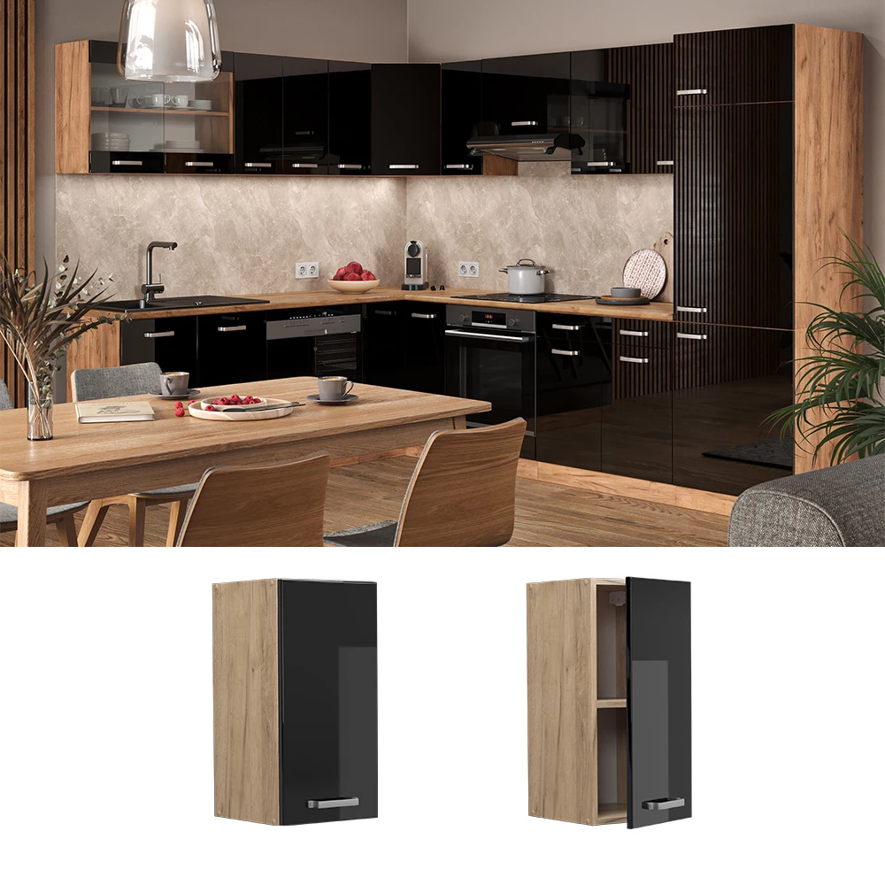 Vicco Hängeschrank "R-Line", Schwarz Hochglanz/Goldkraft Eiche, 30 cm