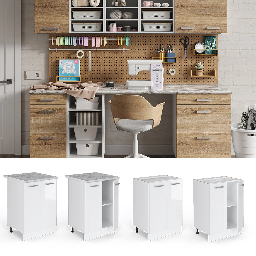 Vicco Univerzális alapegység Fehér magasfényű 60 cm ajtókkal, munkalap nélkül, R-Line