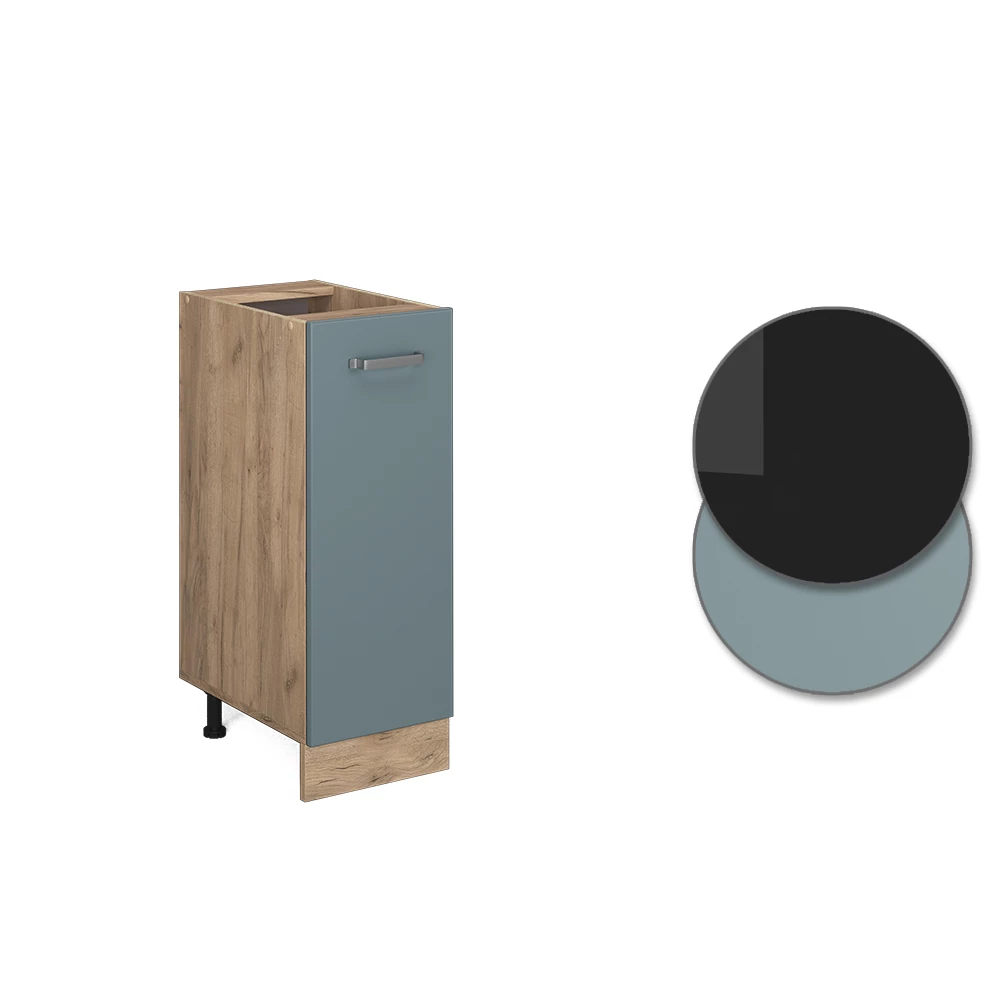 Nahaufnahme von Apothekerschrank in Blau-Grau, zeigt Design- und Oberflächendetails
