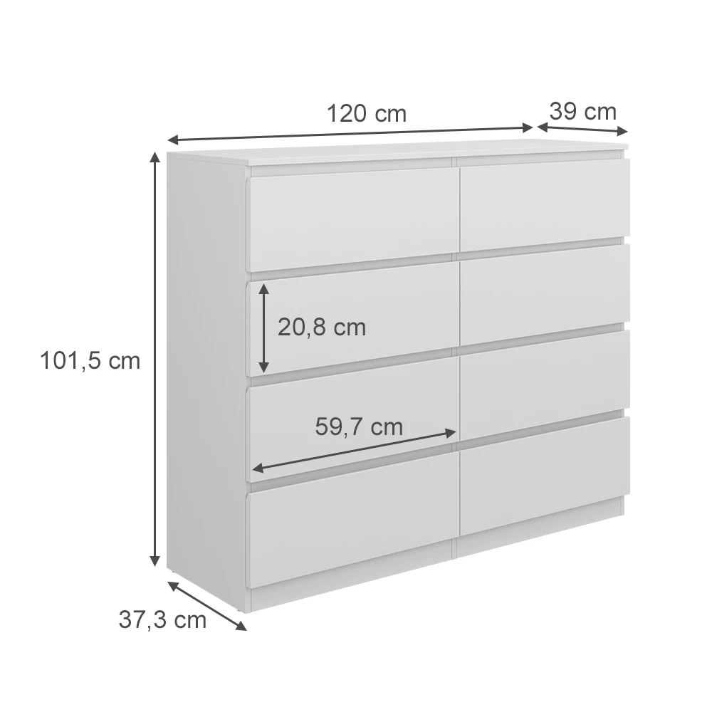 Kommode  in Weiß auf weißem Hintergrund mit sichtbaren Maßen