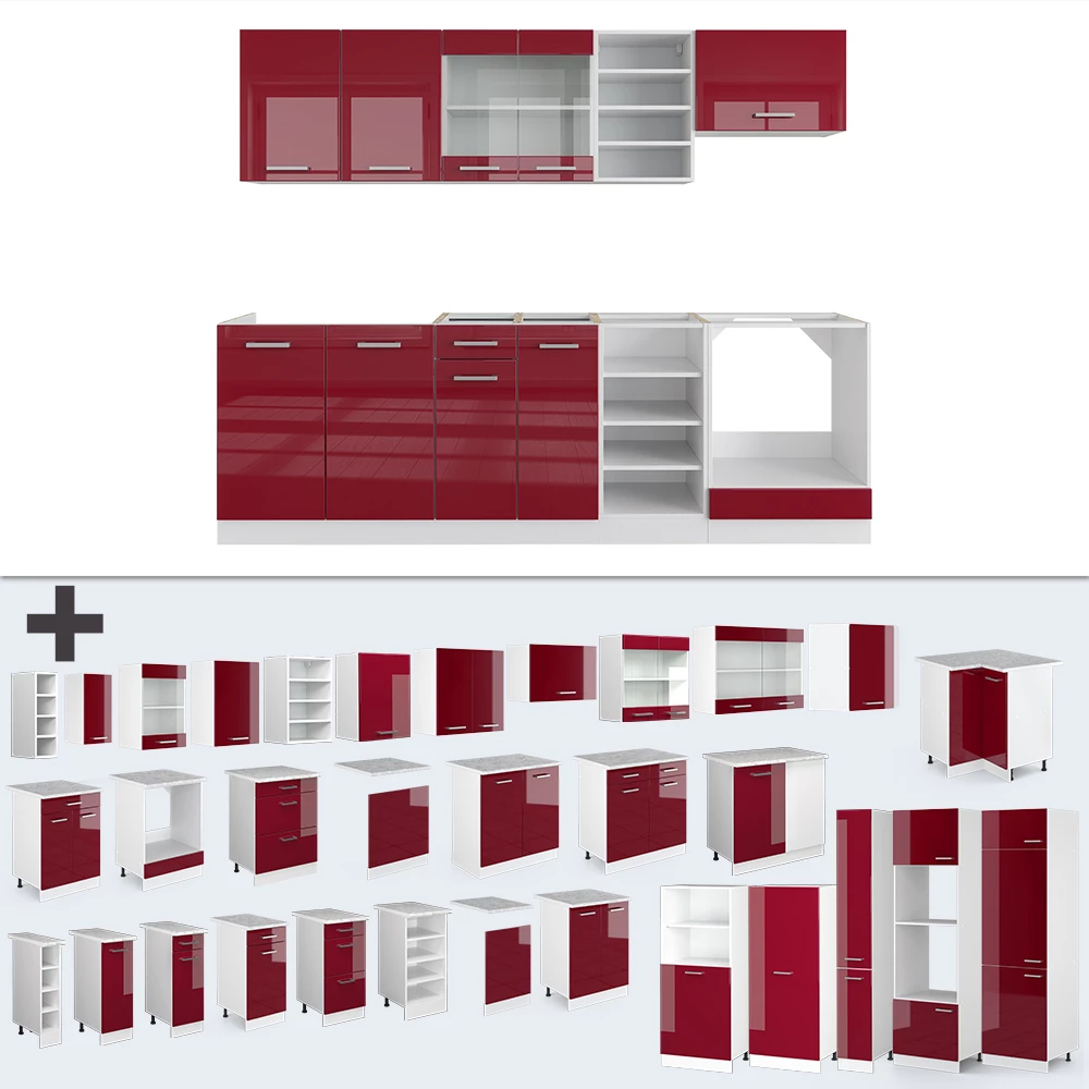 Complete keukeneenheid in Rood hoogglans/wit on white background with decorative elements