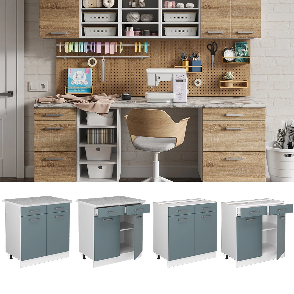 Unterschrank in Blau-Grau, dargestellt im Ambiente und auf weißem Hintergrund