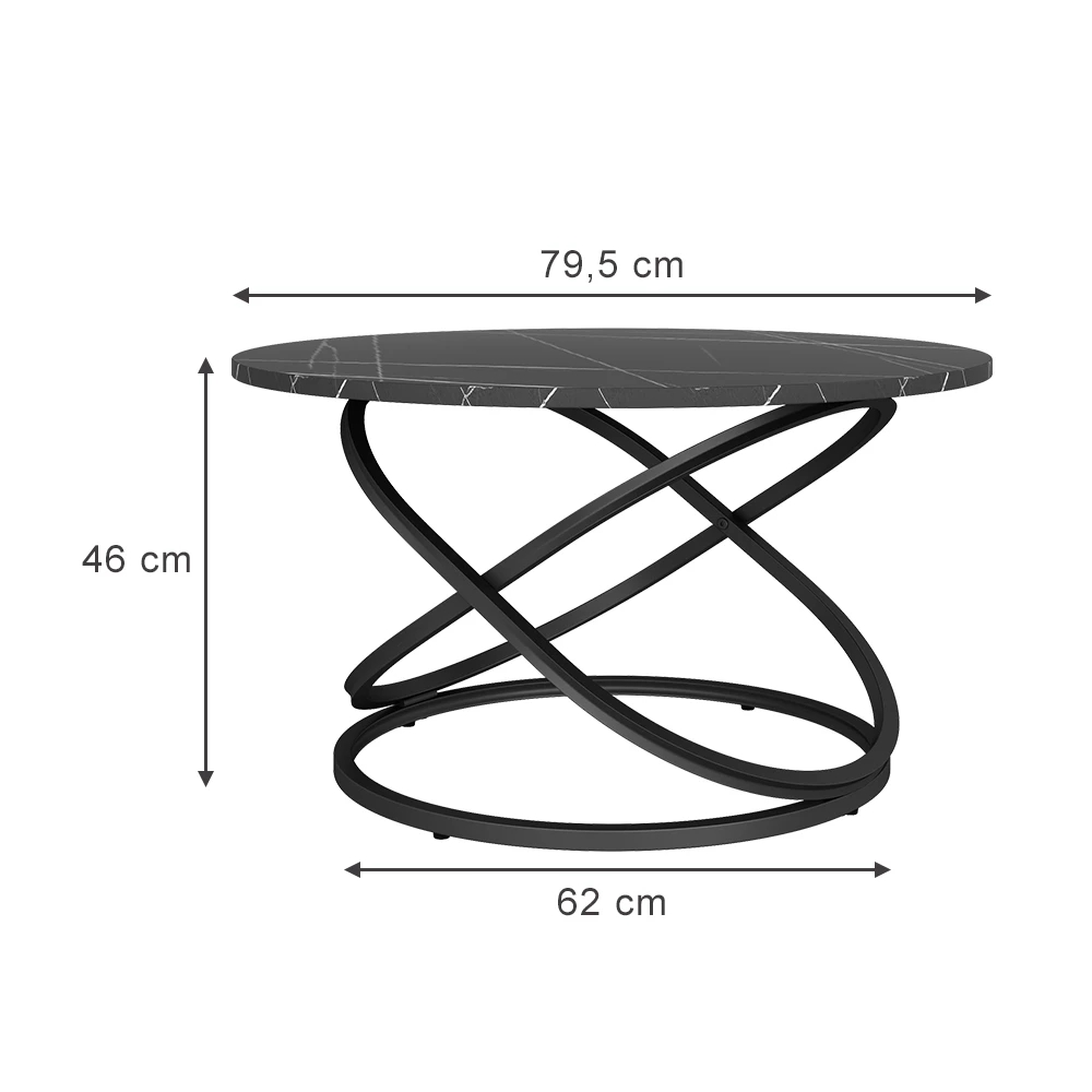 Couchtisch in Schwarz auf weißem Hintergrund mit sichtbaren Maßen