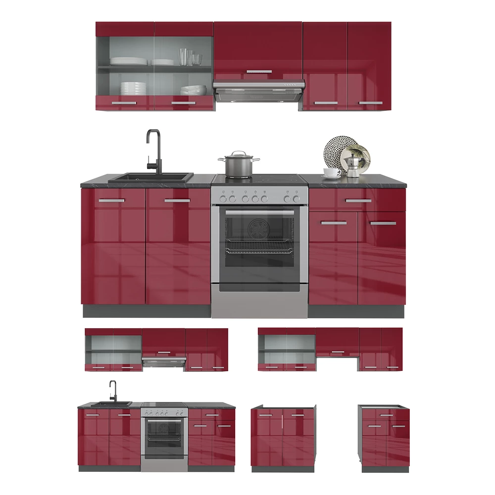 Complete keukeneenheid in Rood hoogglans/antraciet on white background with decorative elements