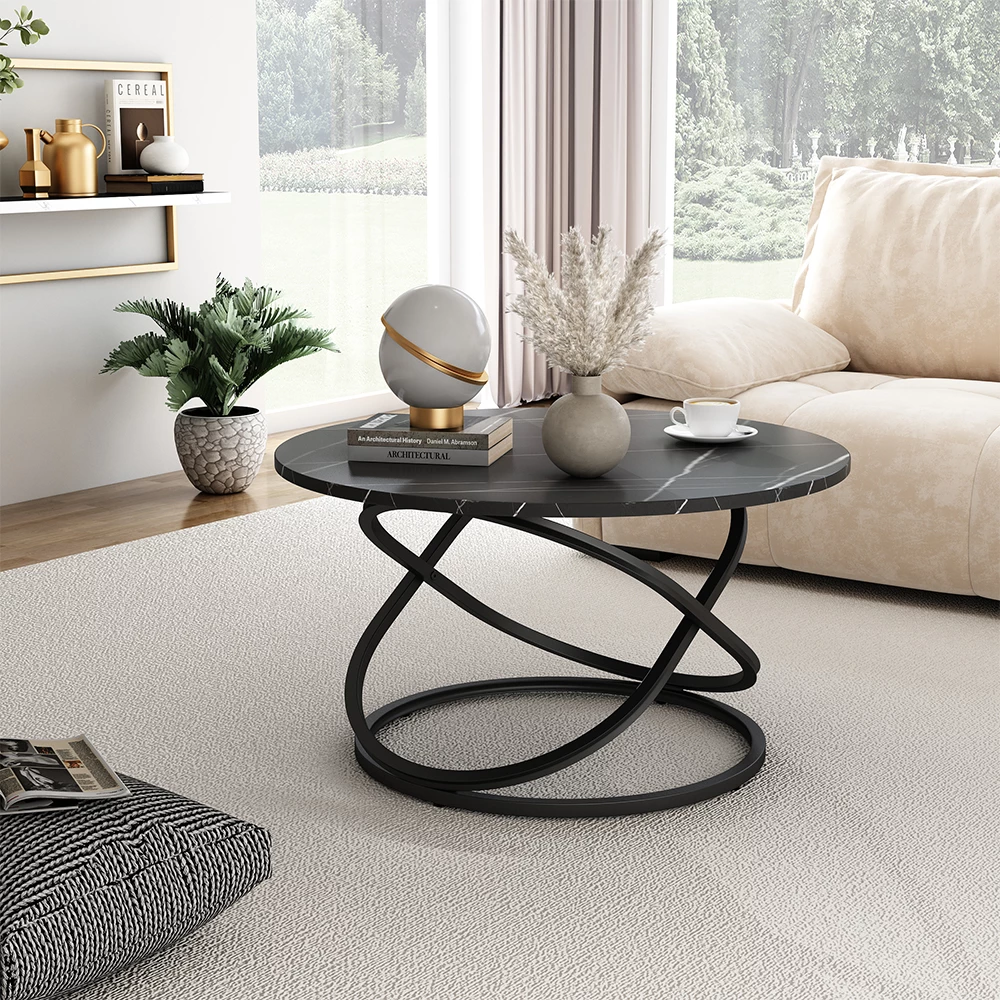 Mesa de centro en Negro sobre fondo blanco con elementos decorativos