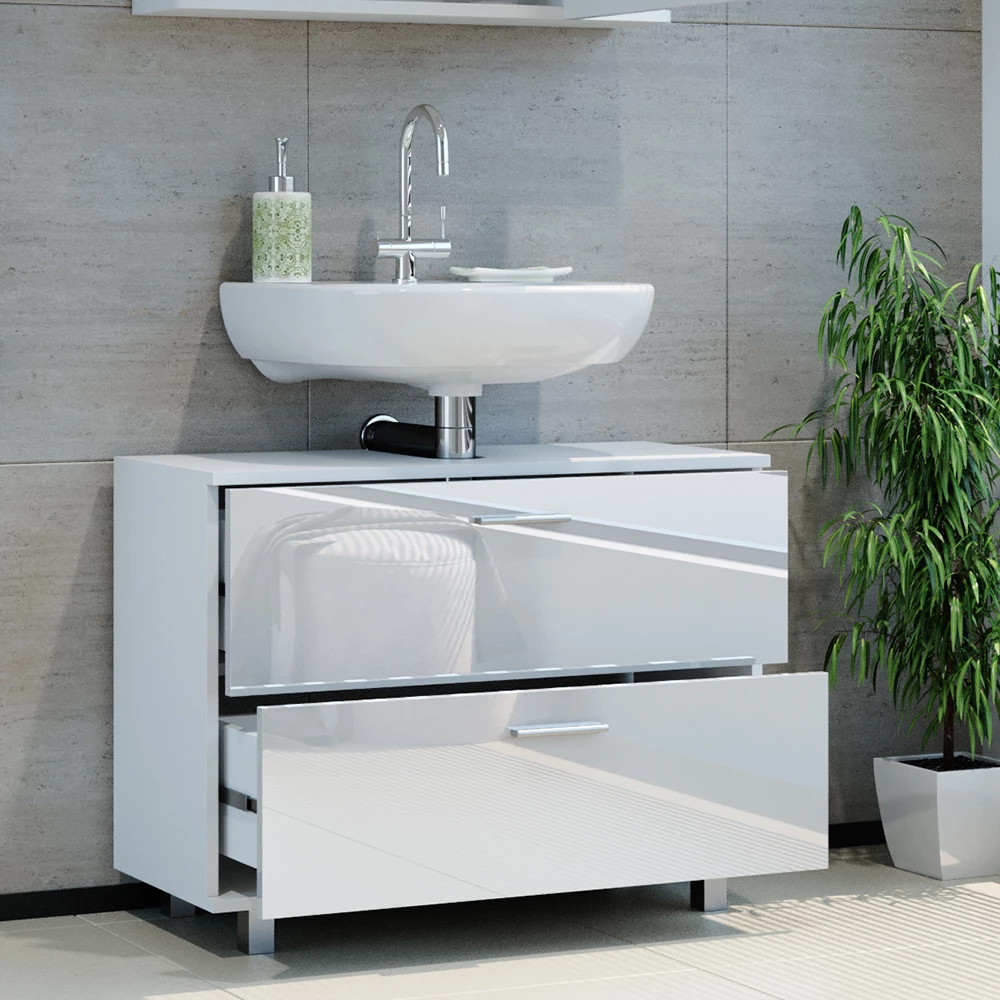 Meuble Lavabo Suspendu Girona 80 Cm - Blanc Brillant Avec Poignées Dorées - Lavabo En Céramique Inclus