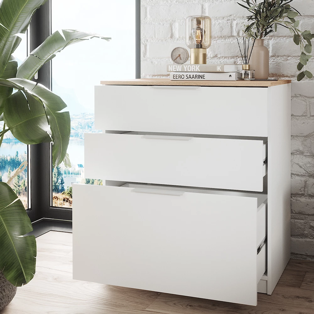 Nahaufnahme von Kommode in Weiß/Sonoma, zeigt Textur/Details