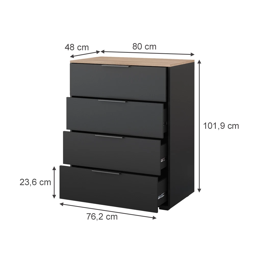Kommode in Anthrazit/Sonoma auf weißem Hintergrund mit sichtbaren Maßen