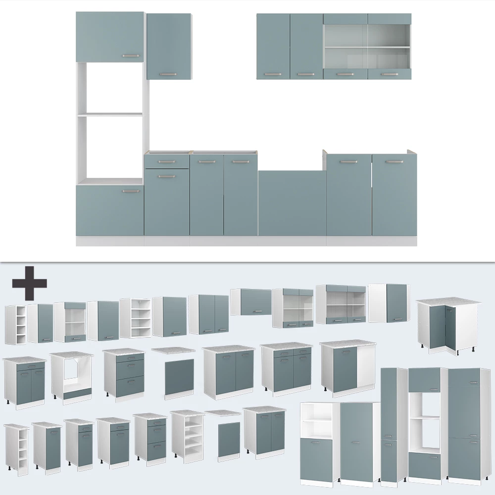 Keukenblok in Blauw-grijs op een witte achtergrond met decoratieve elementen