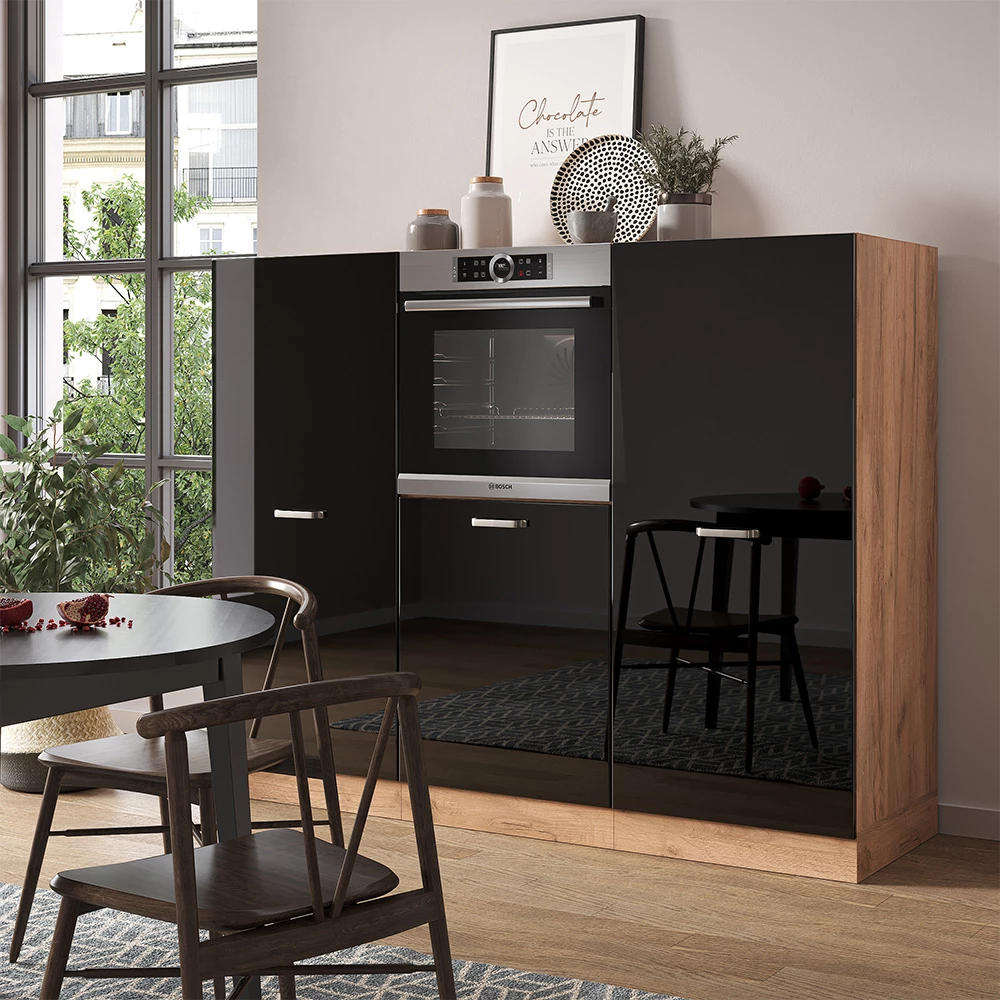 Vicco Cucine componibili piccole "R-line", Nero lucido/Quercia dorata, 180 cm senza piano di lavoro