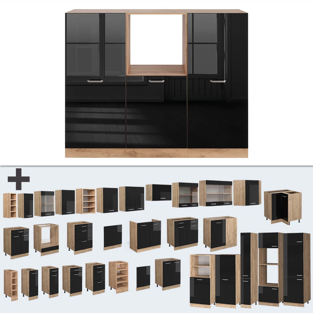 Nahaufnahme von Einbauküche  in Schwarz Hochglanz/Goldkraft Eiche, zeigt Design- und Oberflächendetails