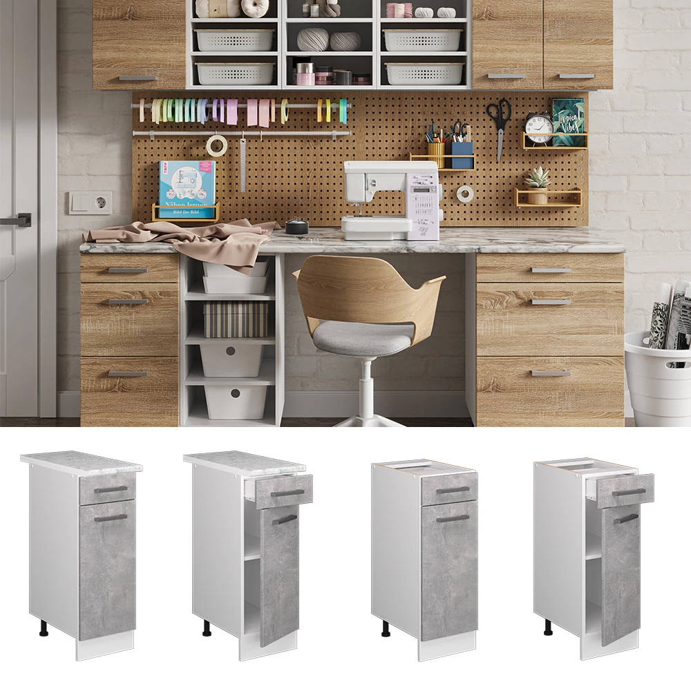 Unterschrank in Beton, dargestellt im Ambiente und auf weißem Hintergrund