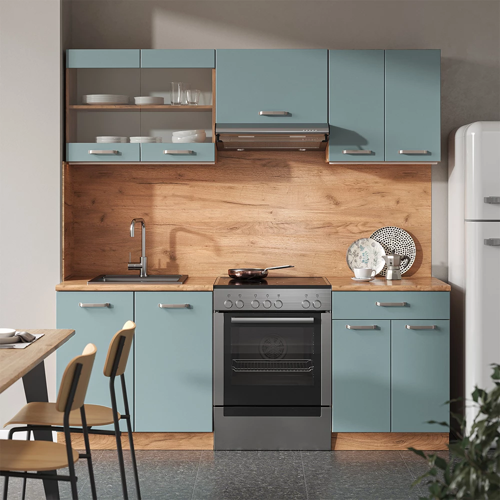 Vicco cuisine "R-Line", Bleu-gris/Chêne de force doré, 200 cm sans plan de travail