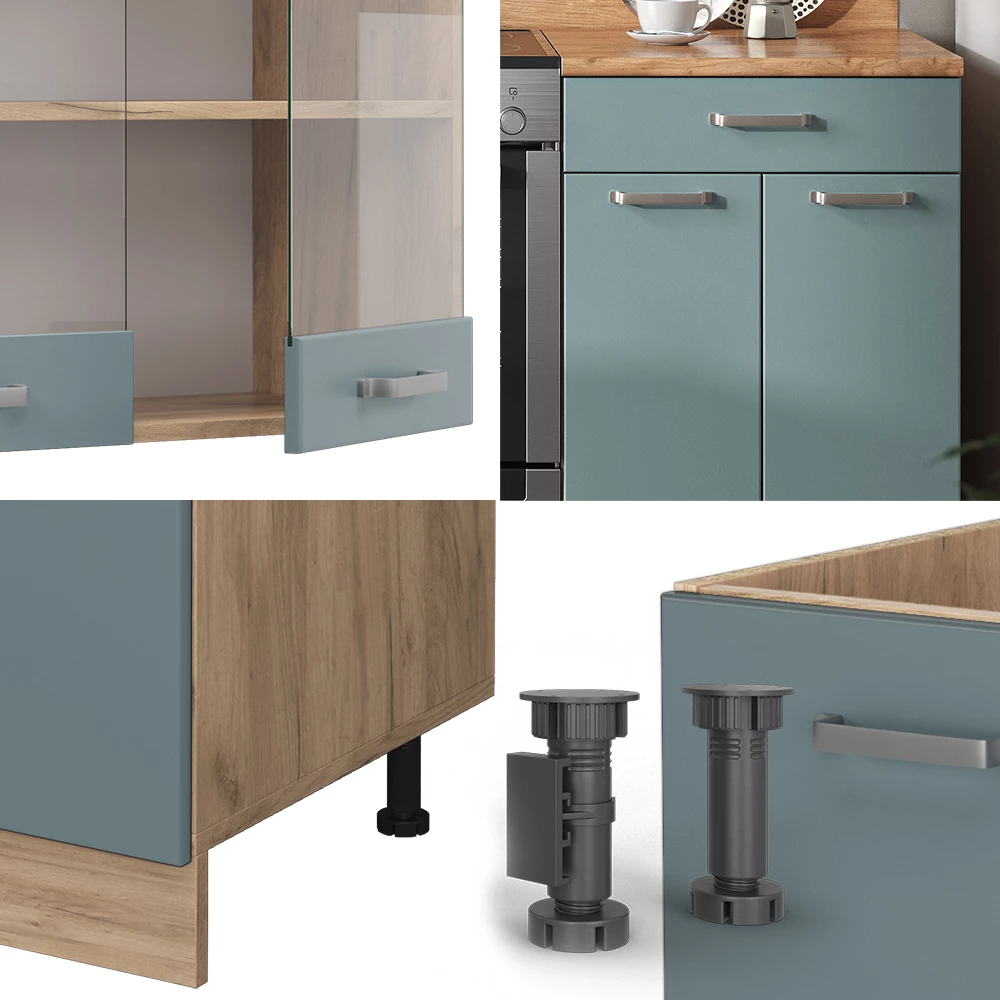 Nahaufnahme von Küchenzeile in Blau-Grau/Goldkraft Eiche, zeigt Design- und Oberflächendetails