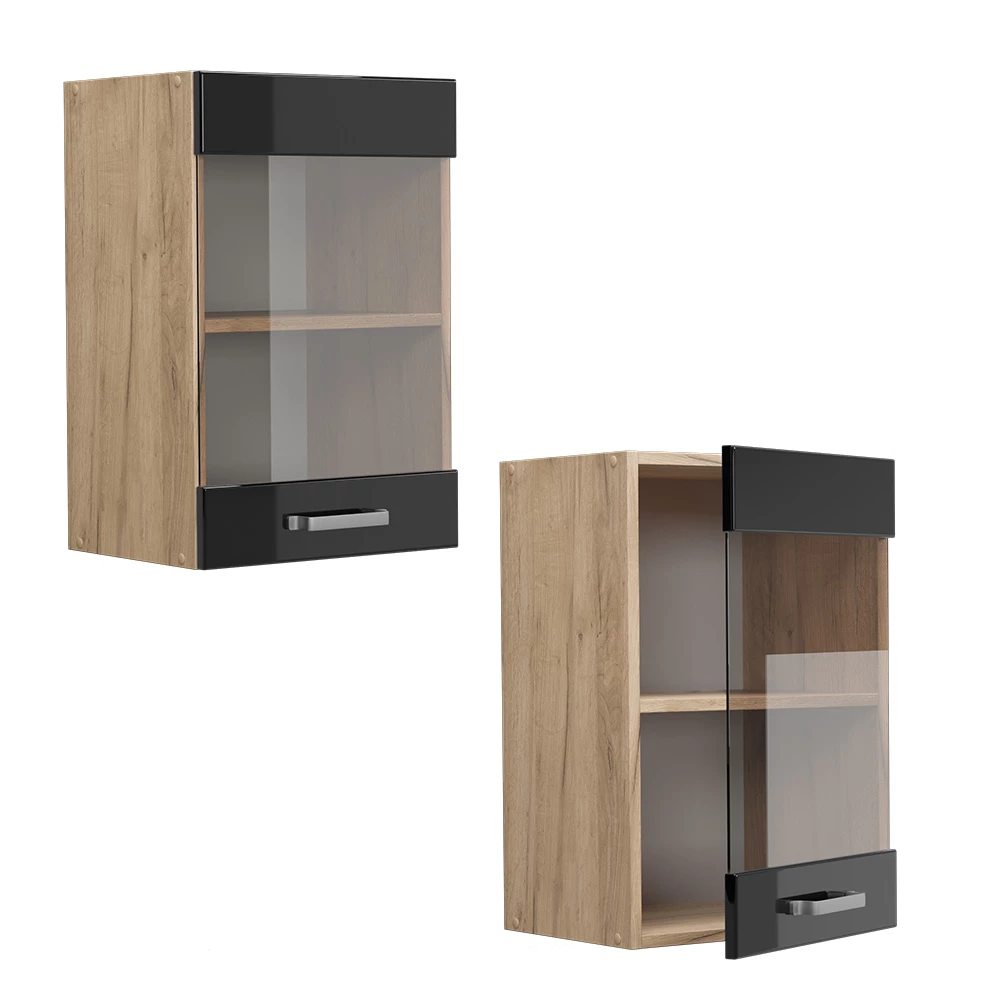 Vicco Küchenglasschrank "R-Line", Schwarz Hochglanz/Goldkraft Eiche, 40 cm