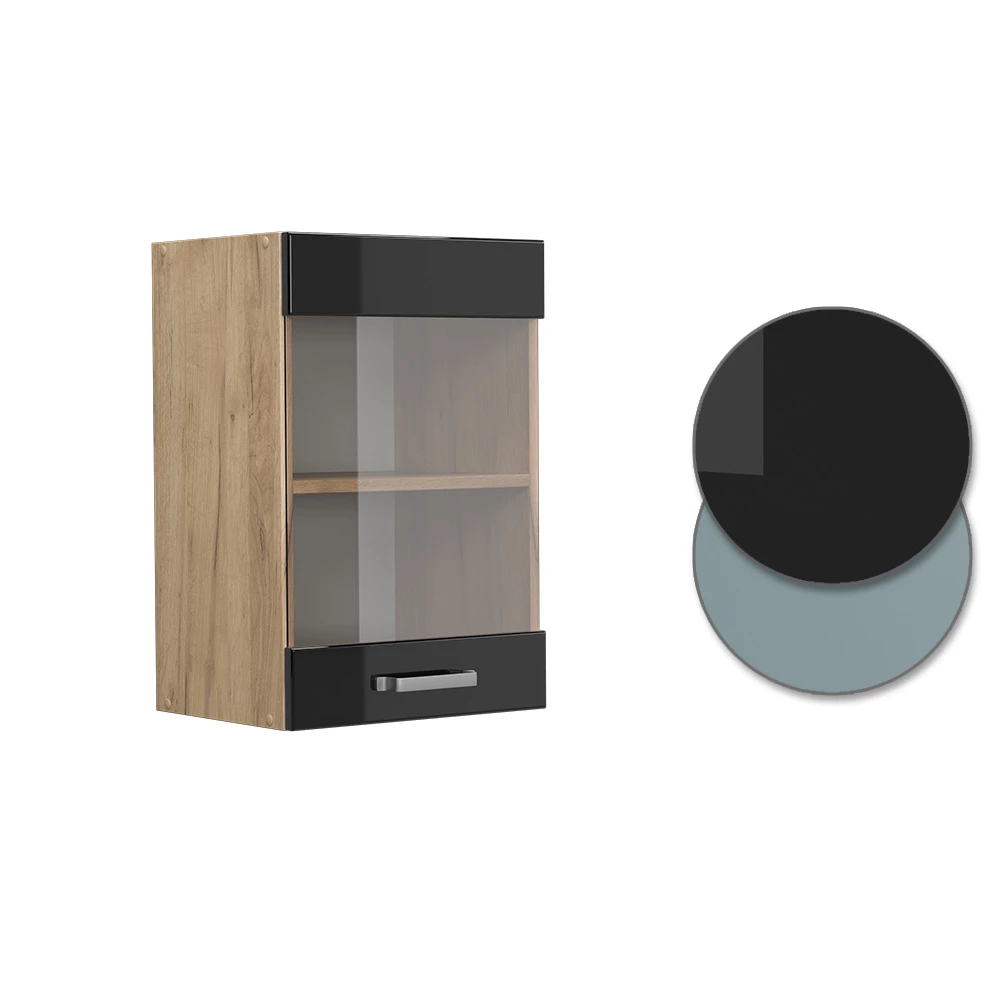 Vicco Küchenglasschrank "R-Line", Schwarz Hochglanz/Goldkraft Eiche, 40 cm