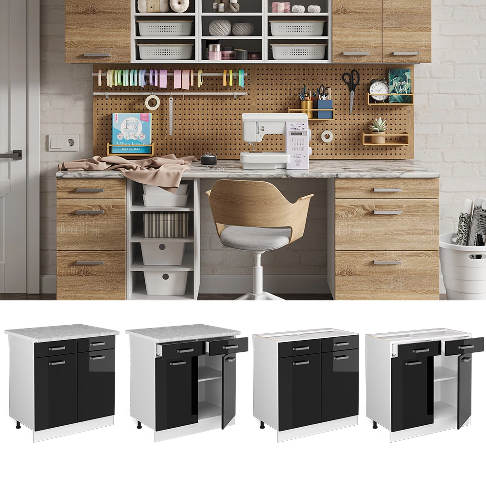 Unterschrank in Schwarz Hochglanz, dargestellt im Ambiente und auf weißem Hintergrund