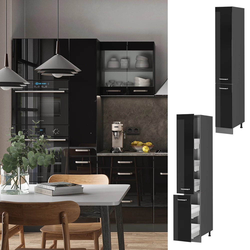 Apotheekkast in Zwart hoogglans, getoond in een sfeervolle omgeving en op een witte achtergrond