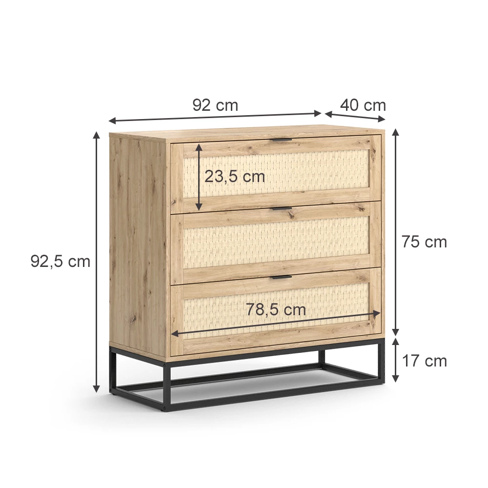 Ladekast in Bruin op een witte achtergrond met zichtbare afmetingen