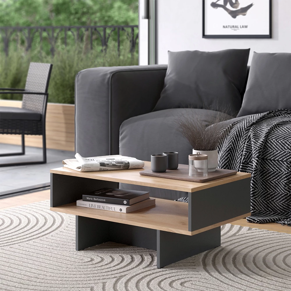 Mesa de centro en Antracita/roble dorado sobre fondo blanco con elementos decorativos