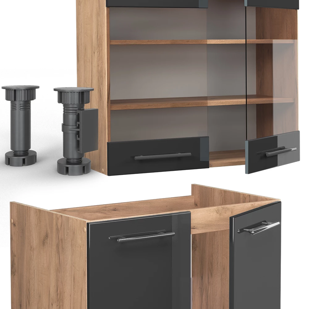 Vicco Kitchenette Antracite alto brilho/carvalho Goldkraft 200cm, Fame-Line